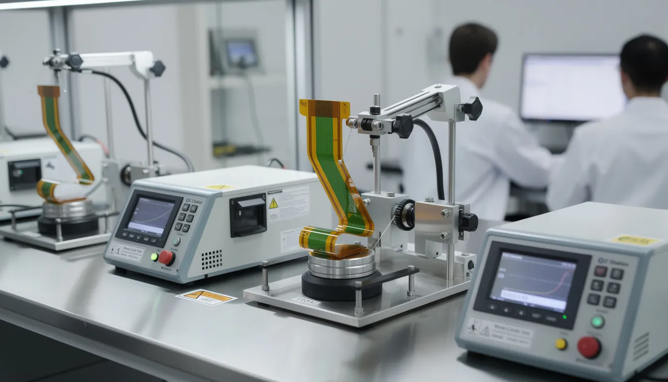 The image shows quality testing equipment conducting bend cycle tests on flexible circuits, specifically designed to assess the durability and performance of flexible printed circuit boards. This testing is crucial for ensuring the reliability of components used in applications like automotive electronics and medical devices.