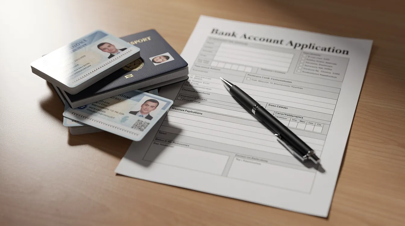 The image shows a stack of identity documents, including an Aadhaar card and voter’s ID, alongside photographs and a bank application form on a wooden desk. This scene represents the necessary documents required for applying for financial assistance, such as a business loan under the Pradhan Mantri Mudra Yojana.