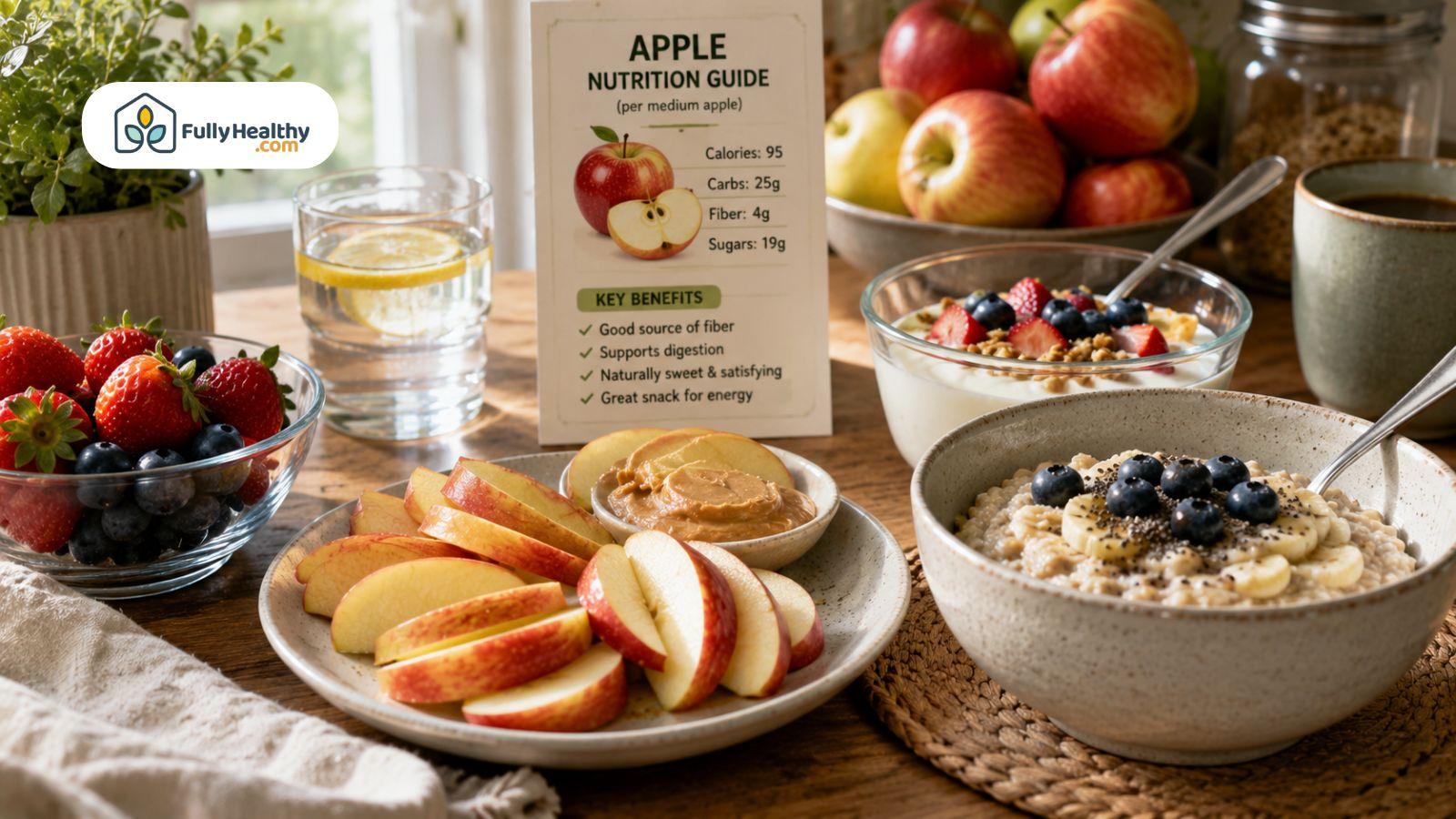 Apple nutrition guide beside oatmeal yogurt berries and healthy breakfast foods