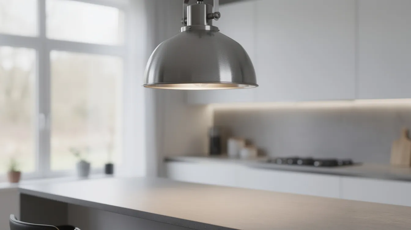 En industriell taklampa i borstad metall hänger elegant över en köksö, vilket ger rummet en stilren och modern känsla. Lampans design bidrar till en varm och inbjudande atmosfär i köket.