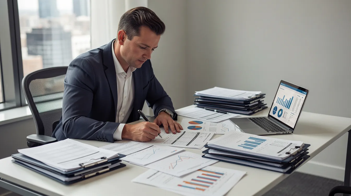 aaae4b48 49f6 4280 ac39 1ad7aa524941 A professional is seated at a desk, meticulously reviewing financial documents and project reports related to the ghee manufacturing business. The focus on profitability and market trends suggests a thorough analysis of the global ghee market and its key raw materials.