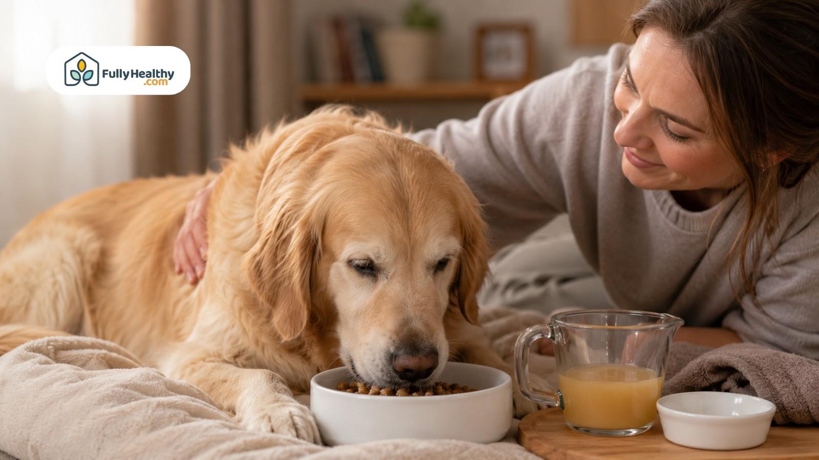 Caring owner comforts golden retriever eating kibble mixed with chicken broth