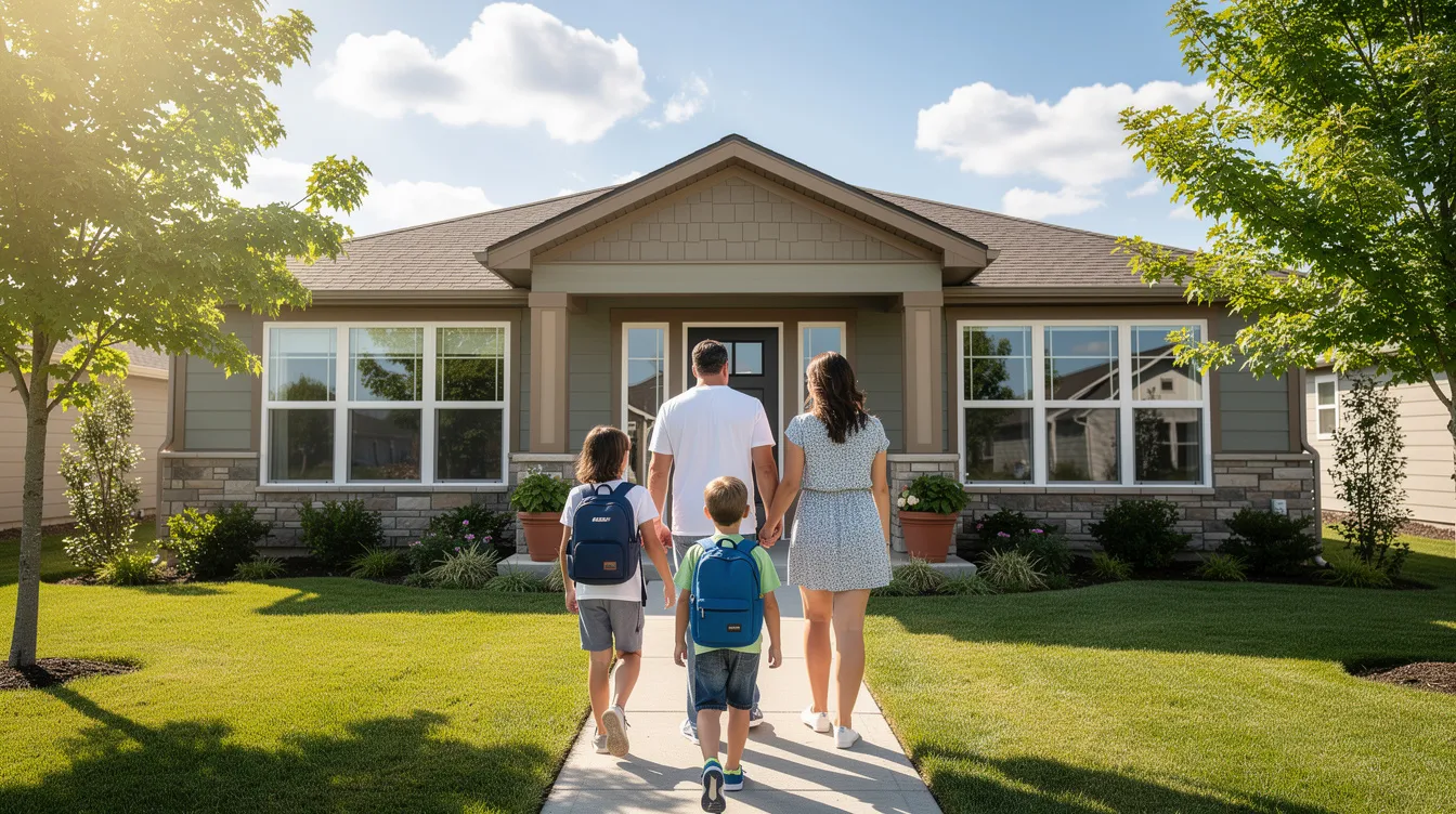A family of four is seen walking together towards the front door of a suburban house, enjoying a sunny day. This image captures a moment of togetherness, symbolizing stability and warmth, which is essential during challenging financial situations like filing bankruptcy or navigating foreclosure processes.