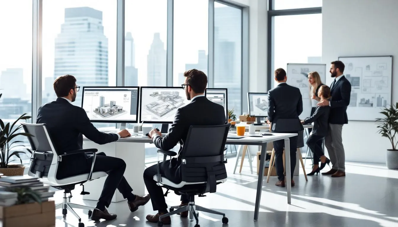 In a modern office environment, professional architects collaborate on innovative projects, showcasing architectural diversity and sustainable design practices. They engage in discussions about various architectural styles and the growing infrastructure needs of cities, emphasizing creativity and practical experience in their work.