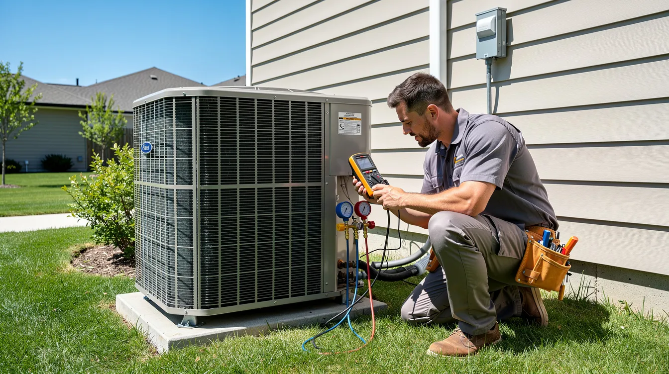 A technician is servicing an outdoor air conditioning unit on a bright sunny day, focusing on ensuring optimal performance and energy efficiency for both residential and commercial markets. This maintenance work highlights the importance of sustainability and energy-efficient solutions in HVAC systems to enhance indoor air quality and reduce energy consumption.