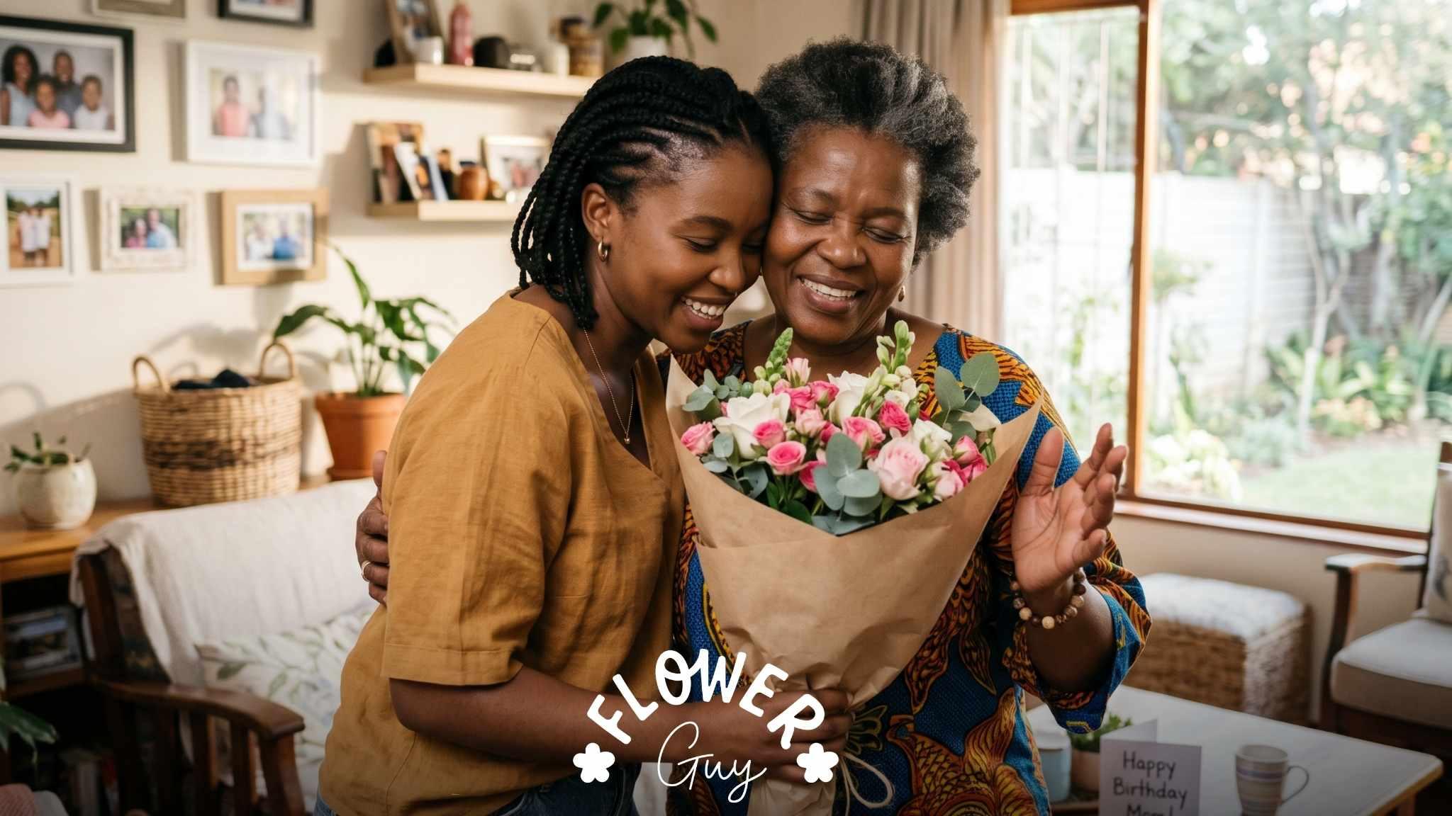 South African daughter giving her mum a pink rose bouquet and heartfelt happy birthday messages in a sunlit Joburg living room