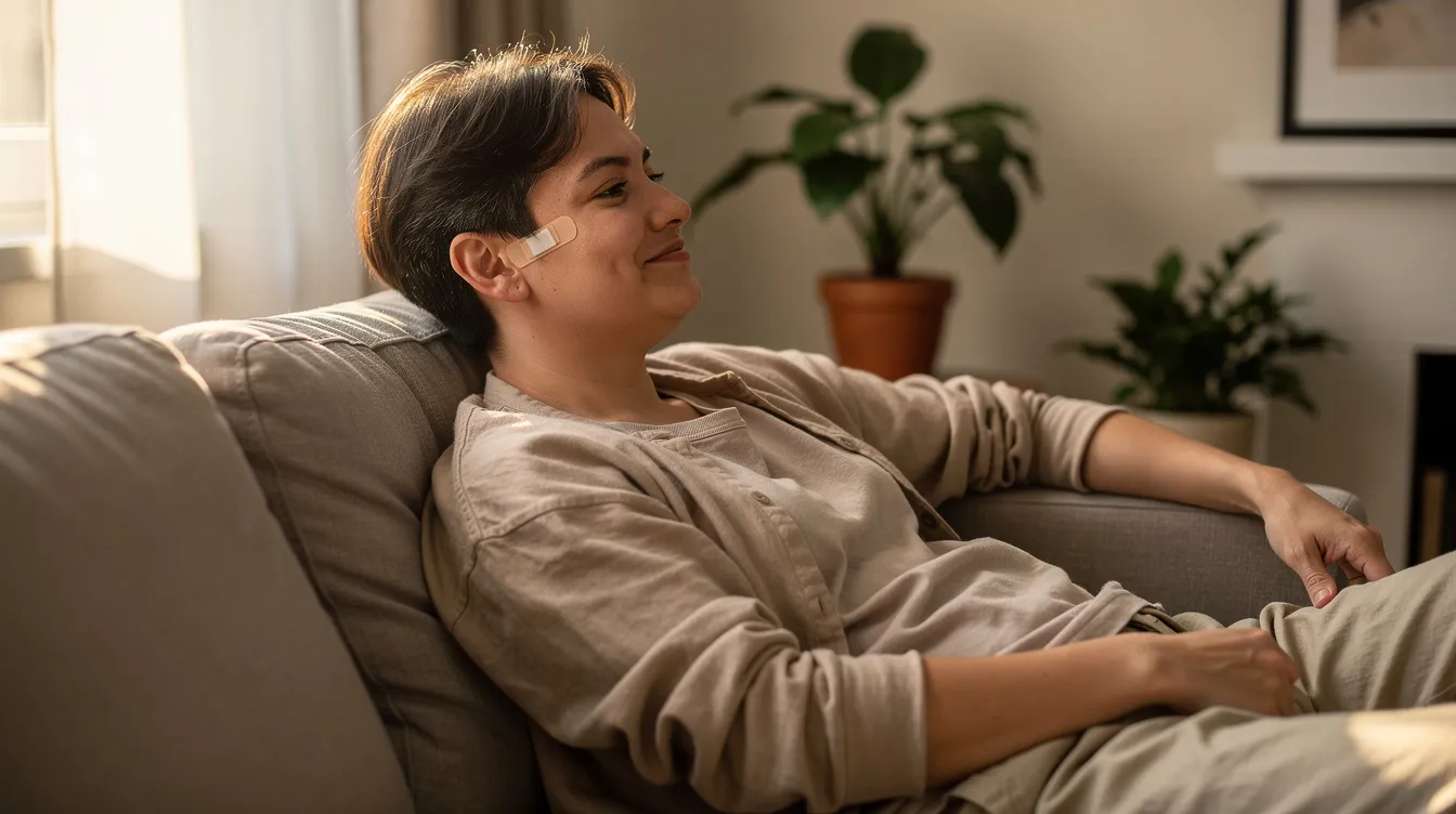 A person is seen relaxing at home, appearing comfortable and calm while wearing a small bandage behind their ear, indicating they may have recently undergone earlobe repair surgery. The atmosphere suggests a peaceful recovery, possibly from a quick and easy procedure to address a torn earlobe.