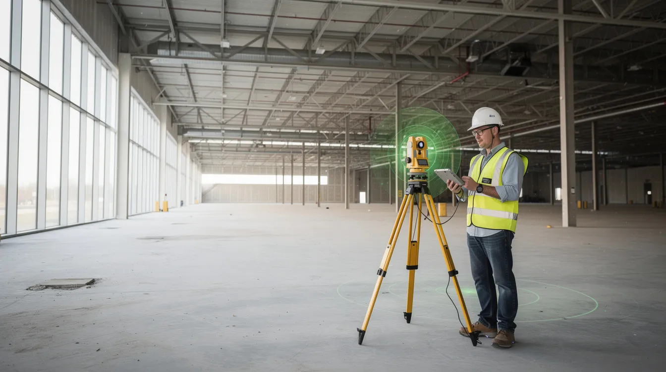 A professional surveyor is operating a tripod-mounted laser scanner inside a large, empty commercial building, capturing point cloud data with millimeter accuracy. This technology enables the surveyor to create detailed as-built documentation of the existing structure, essential for future construction projects and renovations.