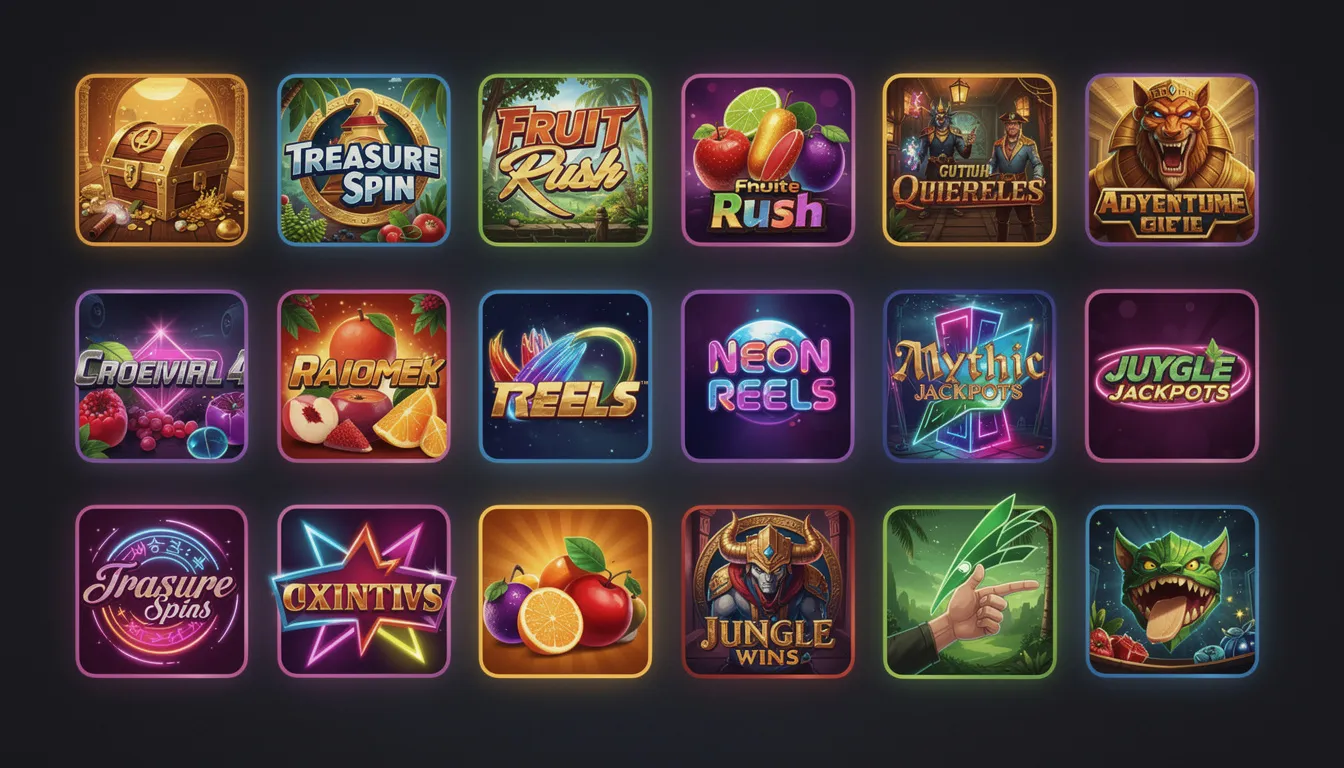 En bild av olika färgglada miniatyrer av slotspel arrangerade i ett rutmönster, som visar det stora utbudet av casinospel hos Knightslots. Varje thumbnail representerar ett unikt spel, vilket ger en känsla av variation och spänning i spelupplevelsen.