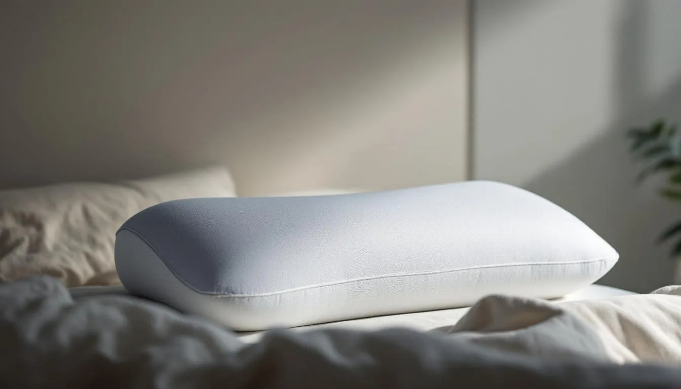 A Tempur-Pedic neck pillow with a cooling cover, partially visible on a bed.