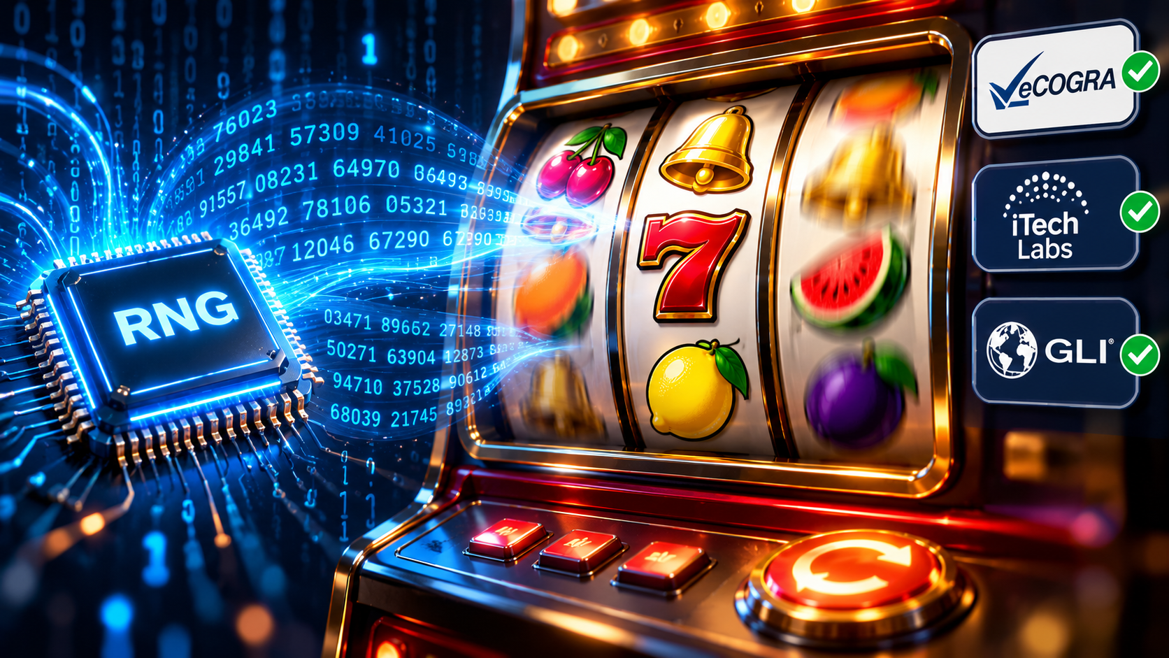 Random Number Generator bij een online gokkast met RNG-chip en controles van eCOGRA, iTech Labs en GLI.