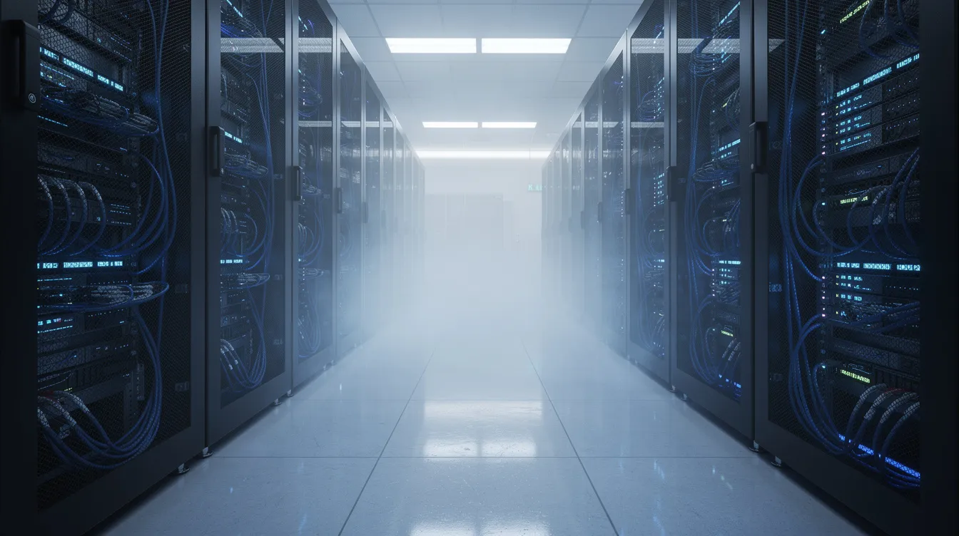 A modern data center filled with blue-lit servers.