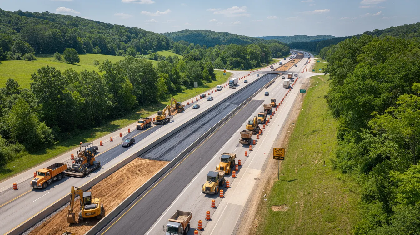 Construction equipment staged along a Tennessee highway project.