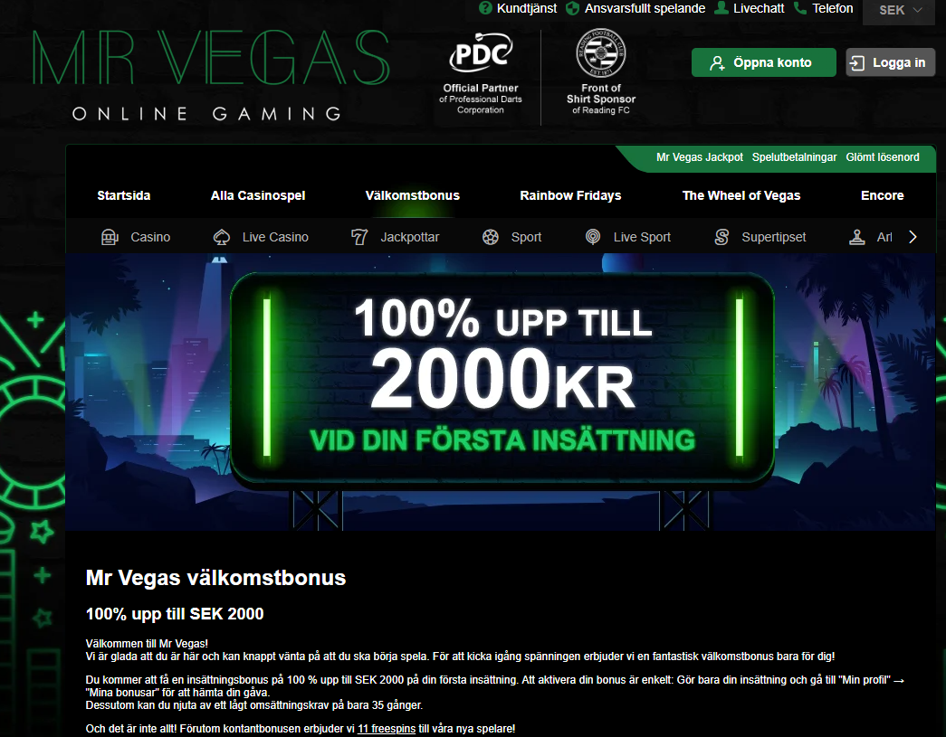 Mr Vegas välkomstbonus med 100 % bonus upp till 2 000 kr vid den första insättningen.