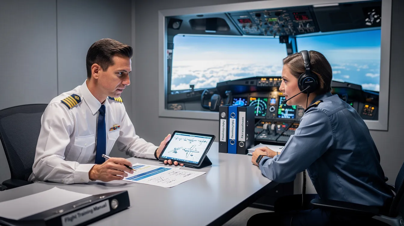 A flight instructor is seen reviewing training materials with a pilot inside a flight simulator, emphasizing the importance of effective records management and regulatory compliance in aviation training. The environment showcases various cockpit instruments and screens, highlighting the focus on safety and operational efficiency.