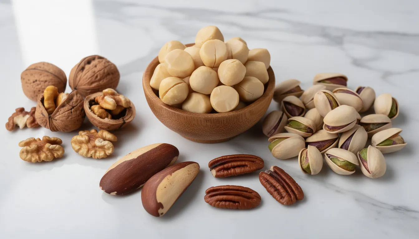 The image features an assortment of whole nuts including macadamia nuts, walnuts, pistachios, Brazil nuts, and pecan nuts beautifully arranged on a polished marble countertop. These tree nuts are not only a delicious snack but are also packed with healthy fats and essential nutrients that support heart health and brain health.