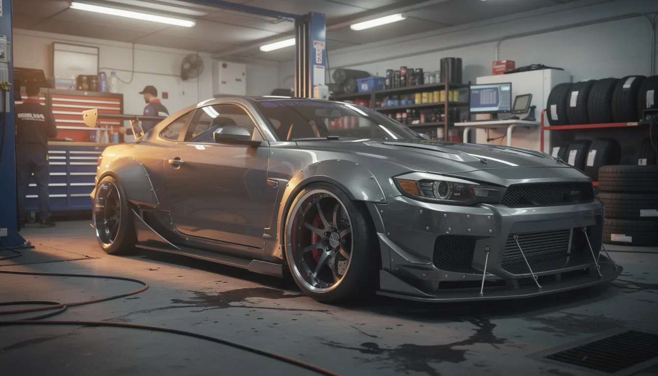 The image depicts a modified performance car with a wide body kit, prominently displayed in a specialist workshop filled with tools and equipment. This setting highlights the passion and expertise of the team dedicated to enhancing vehicles, providing clients with tailored advice and competitive insurance options for their unique modifications.