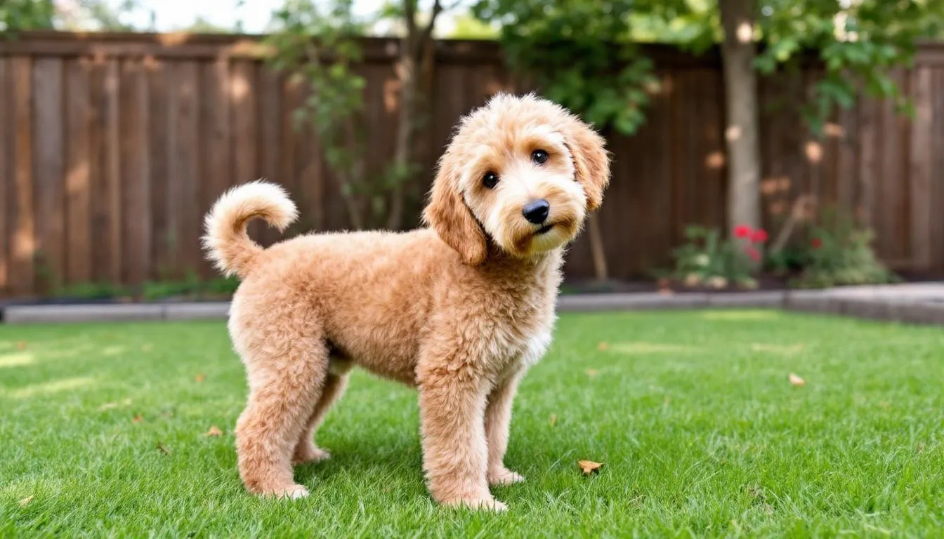 An adult Mini Goldendoodle stands proudly in a yard, showcasing its compact size and curly coat, typical of full grown mini goldendoodles. This charming dog, a hybrid breed of a miniature poodle and a golden retriever, exemplifies the friendly nature and affectionate personality that makes them great family pets.