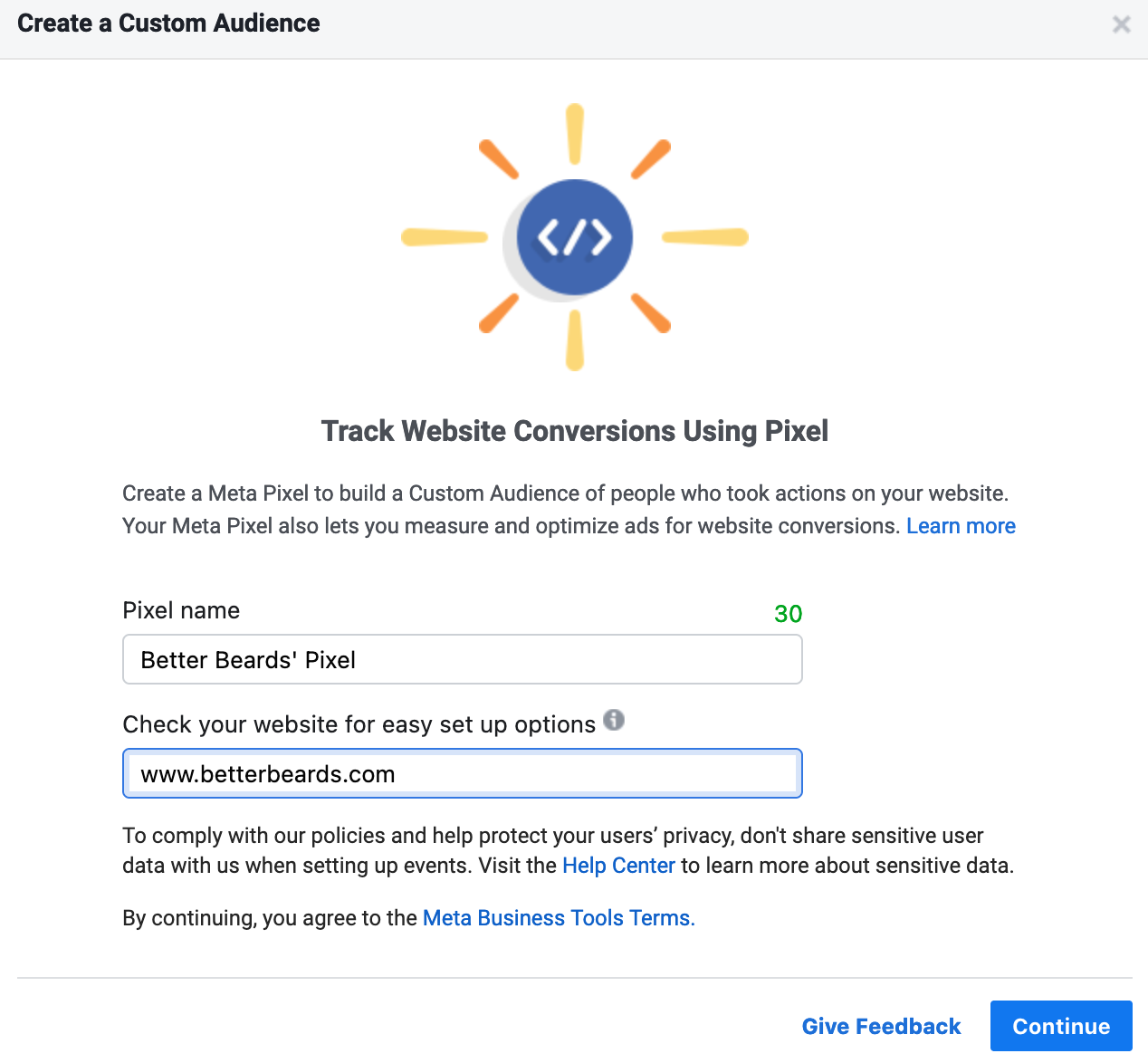 Screenshot of creating a custom audience
