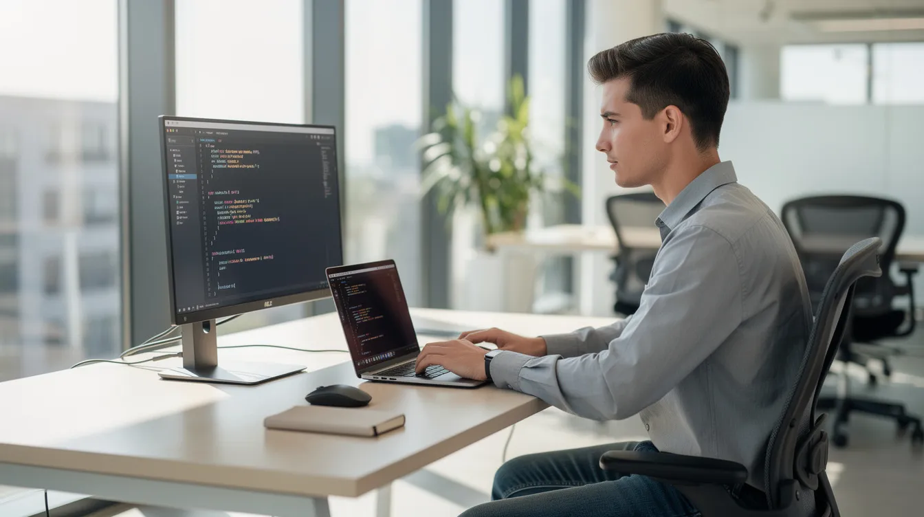A young professional is focused on their laptop in a modern office space, with lines of code visible on the screen, illustrating the integration of AI tools in entry-level roles within the tech industry. This image highlights the importance of critical thinking and practical ability for early career professionals navigating the evolving job market.