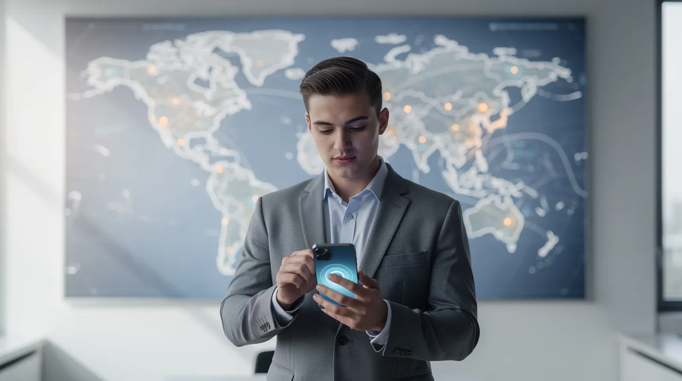 A young professional is engaged with a smartphone app, set against a backdrop of a world map graphic, symbolizing global connectivity. This image reflects the modern banking experience, reminiscent of services offered by the Saraswat Cooperative Bank, facilitating international money transfers and bill payments.