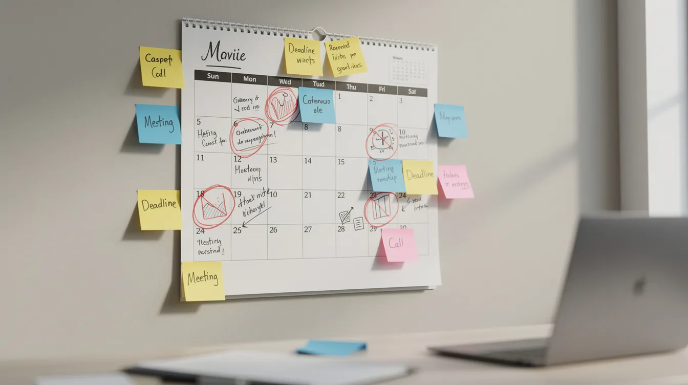 aac159c6 7481 4ff3 a593 fc1b9c971df4 The image shows a wall calendar in an office setting, featuring several dates circled and colorful sticky notes attached, likely indicating important deadlines related to loan processing or financial planning. This could be relevant for small business owners or micro enterprises engaged in the Pradhan Mantri Mudra Yojana, as they prepare for loan approvals or manage repayment history.
