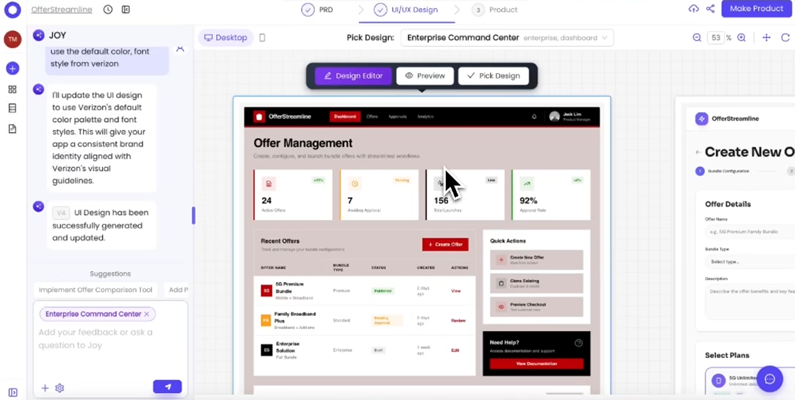 Image showing omniflow's AI design editor user interface while working on mobile app design, editing UI design elements, and refining product ideas. 