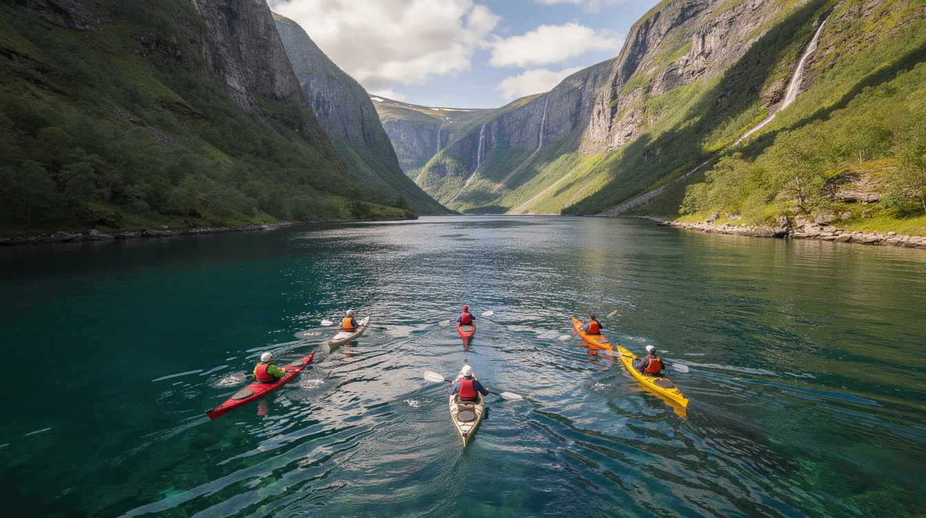 A group of people is kayaking through a stunning Norwegian fjord, surrounded by lush green mountains beneath a bright summer sky. The scene captures the essence of adventure and the beauty of nature during summer vacation.