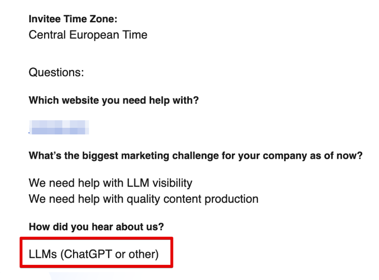 Calendly intake form showing a lead found Quoleady through an LLM