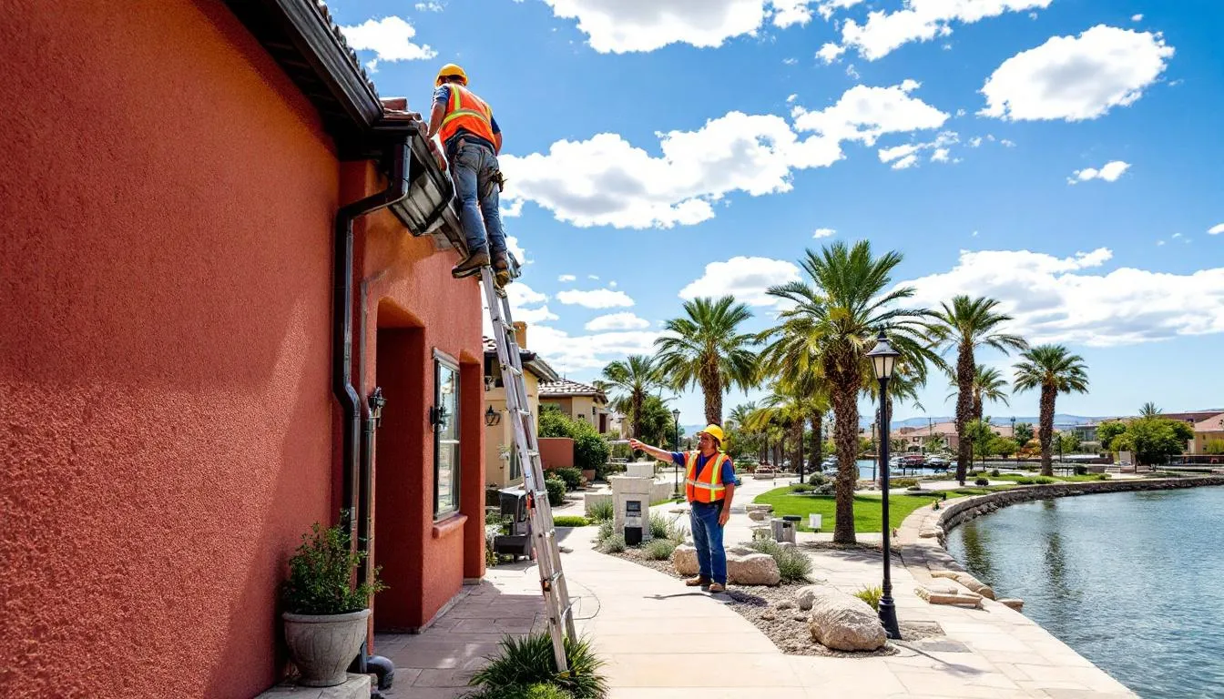 An experienced team is conducting emergency downspout repairs on a beautiful house, with the scenic Pueblo, Colorado Riverwalk in the background. The work highlights the importance of gutter services to protect the property from potential water damage and ensure customer satisfaction.
