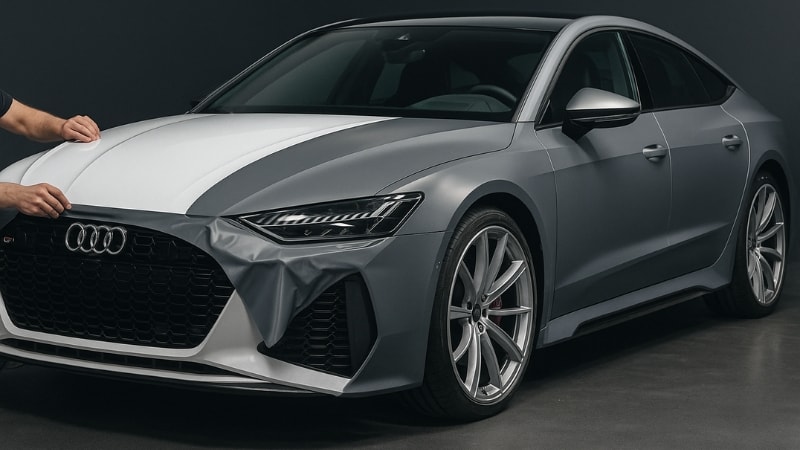 Nardo Gray wrap being applied on a whte AudiNa