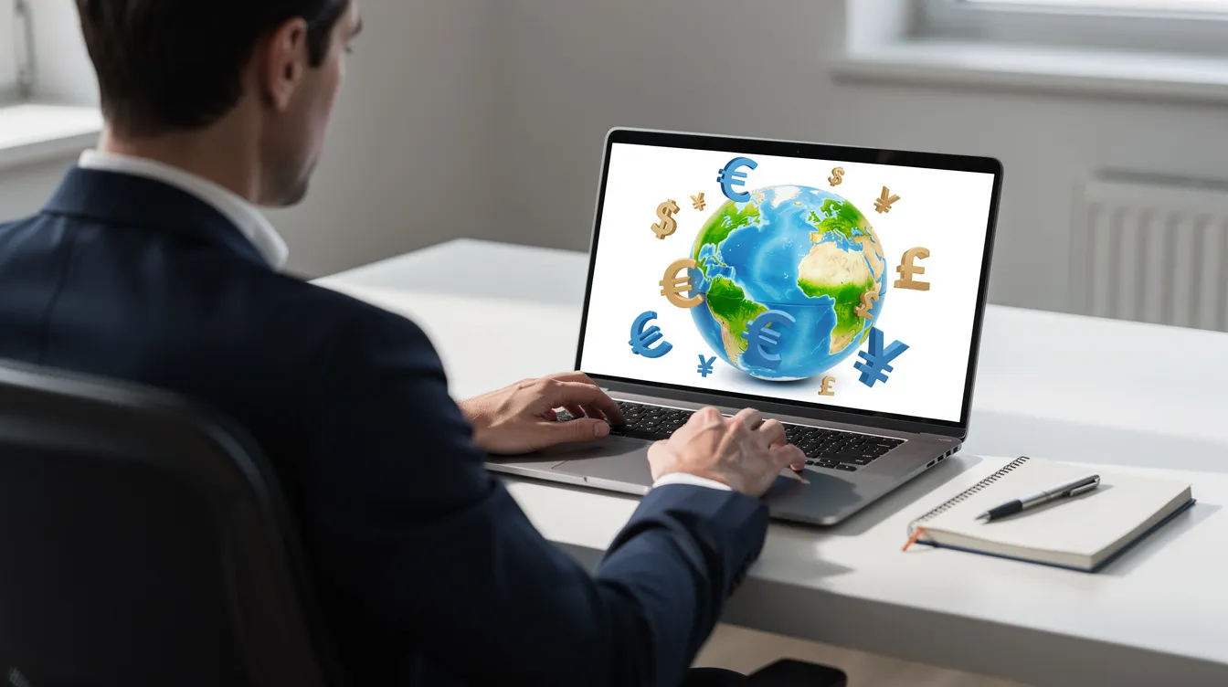 A person is seated at a desk, focused on a laptop computer displaying a globe alongside various currency symbols, symbolizing international money transfers. This scene captures the essence of online banking and sending money abroad, highlighting the global nature of financial transactions.