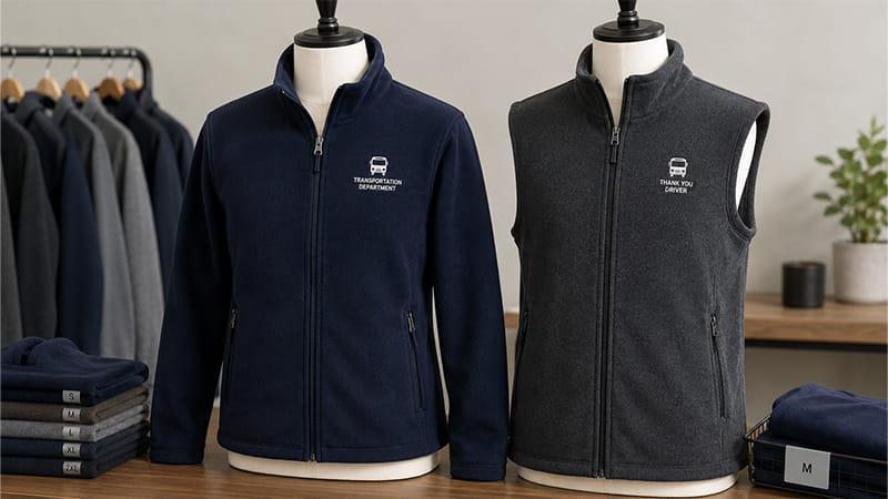 Embroidered fleece jacket and vest for transportation team appreciation