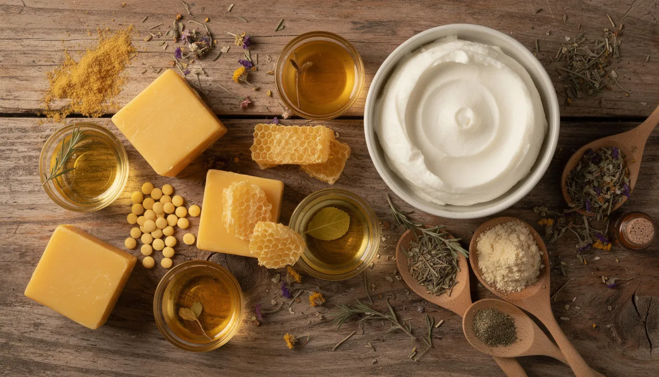 The image features a variety of natural ingredients, including beeswax, oils, and grass-fed beef tallow, artfully arranged on a rustic wooden surface, showcasing the essential components of a high-quality tallow beard balm. These ingredients are ideal for deep nourishment and conditioning coarse facial hair while promoting healthy skin underneath.