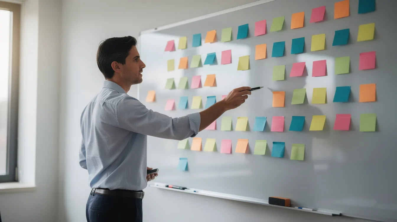 A professional security officer is pointing at a whiteboard filled with sticky notes arranged in a grid pattern, illustrating important skills and strategies for effective security teams. The organized notes likely highlight key topics such as risk assessment, communication skills, and essential training for maintaining safety in various environments.