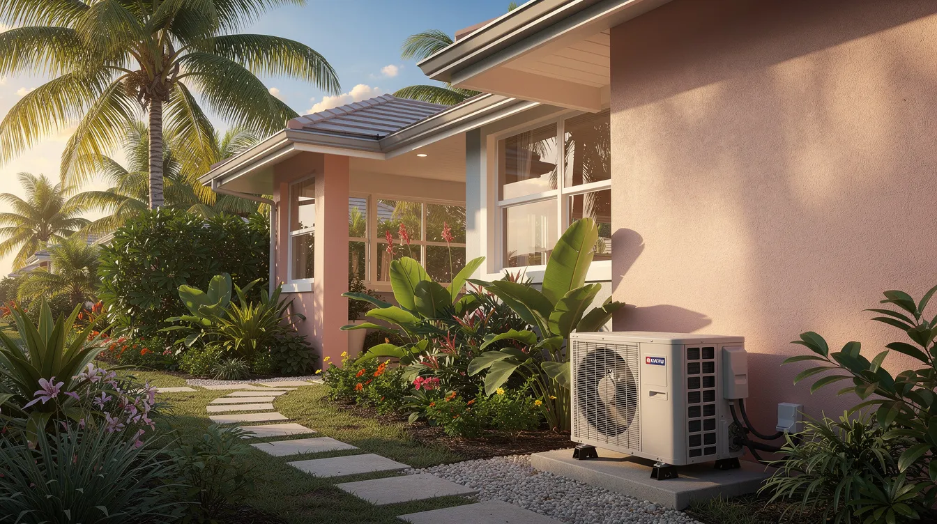 An outdoor air conditioning condenser unit is positioned beside a tropical home, surrounded by palm trees and vibrant greenery, typical of South Florida's lush landscape. This scene highlights the importance of maintaining an efficient AC system for Miami homeowners, ensuring optimal indoor air quality during the hot summer months.