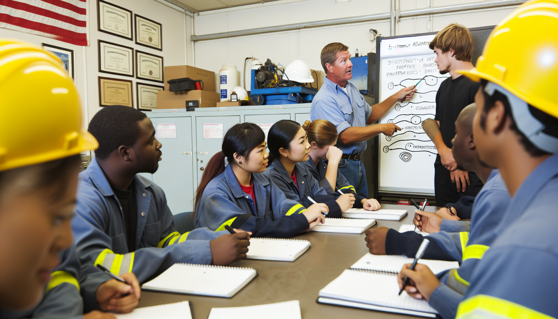 Illustration of a safety and compliance meeting. Ensuring compliance and safety across industries with fleet maintenance software
