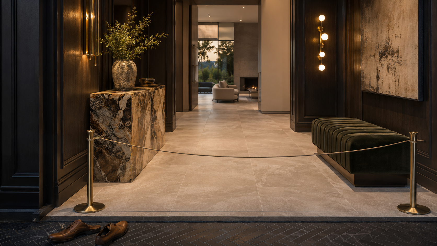 Newly installed porcelain tile floor protected by a temporary barrier in an elegant entryway.