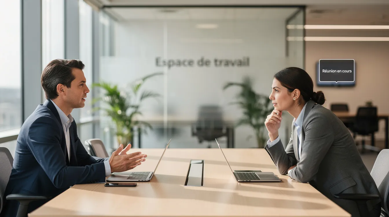 Deux professionnels échangent dans un espace de travail moderne, l'un écoutant attentivement l'autre, illustrant l'importance de la communication et de la collaboration au sein d'une équipe. Cette interaction met en avant le développement personnel et la connaissance de soi, des éléments clés pour renforcer la cohésion d'équipe grâce à la méthode DISC.