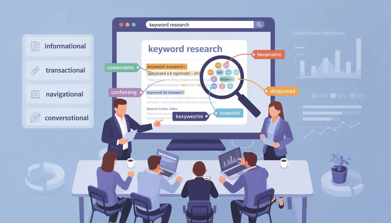 An informative graphic illustrating the importance of keyword research in SEO strategy, featuring elements like search engines, search intent, and relevant keywords. The image emphasizes how understanding user queries can enhance search engine rankings and optimize content for target audiences.