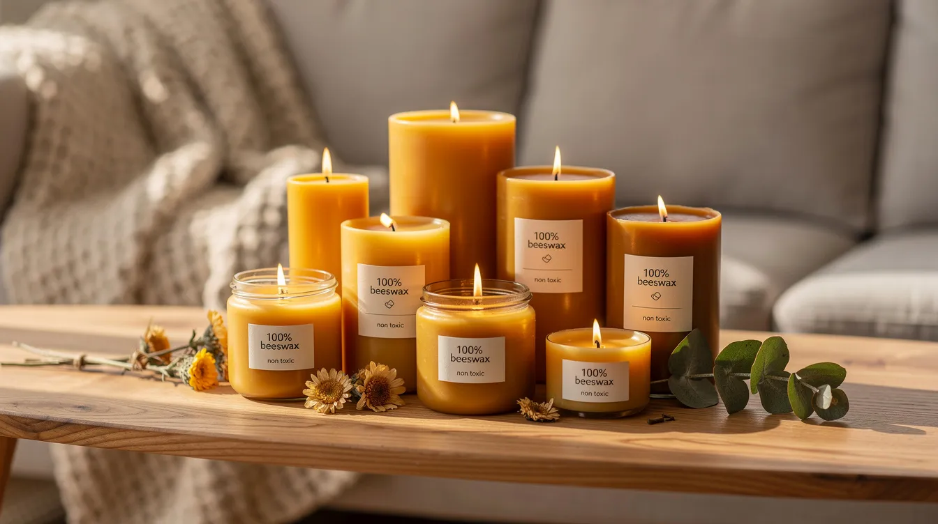 The image displays an assortment of non-toxic candles made from pure beeswax, featuring lead-free cotton wicks and infused with natural essential oils for a clean burning experience. These beautifully crafted candles are ideal for those seeking healthier alternatives to conventional candles, ensuring a pleasant ambiance without harmful chemicals.