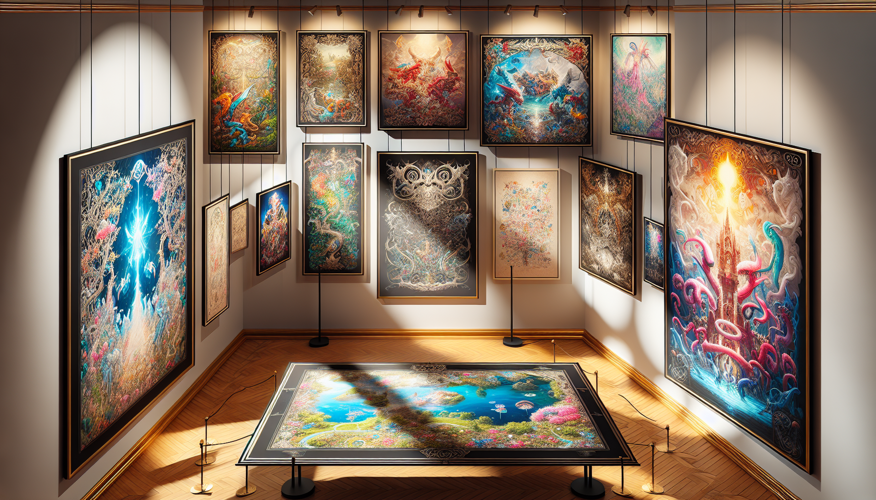 An illustration of a collection of unique custom playmat designs on display.