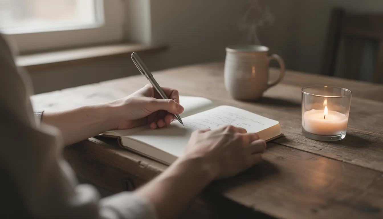 A person is seated at a wooden desk, writing in a journal illuminated by soft morning light, with a lit candle beside them, creating a peaceful and mindful moment. This serene scene reflects the essence of self-care and spiritual growth, inviting viewers to embrace their own journey towards mindfulness.