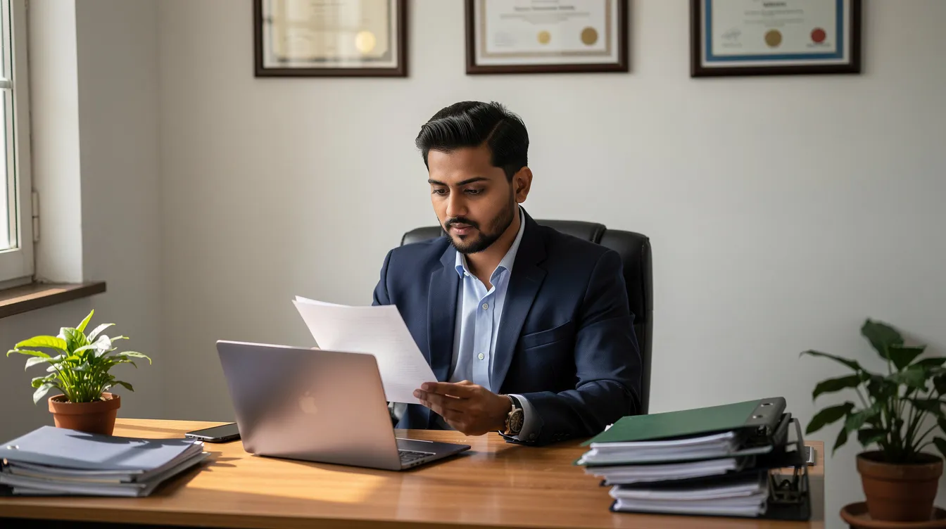 aad3e620 3586 4ef0 a6de 883e288fb09b The image depicts a confident Indian business owner sitting at a desk in a small office, intently reviewing papers related to their business plan. This scene signifies the entrepreneurial spirit, reflecting the importance of financial institutions and mudra loans in supporting micro enterprises and beneficiaries under the Pradhan Mantri Mudra Yojana.
