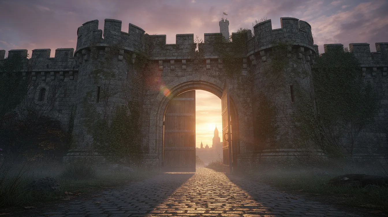 Na obrazie widać starożytną bramę zamku średniowiecznego, oświetloną ciepłym światłem zachodzącego słońca. W tle można dostrzec zarysy mur&oacute;w i wież, co przypomina o dawnych czasach, kiedy takie miejsca były świadkami wielu przyg&oacute;d, jak te w "Kajko i Kokosz".