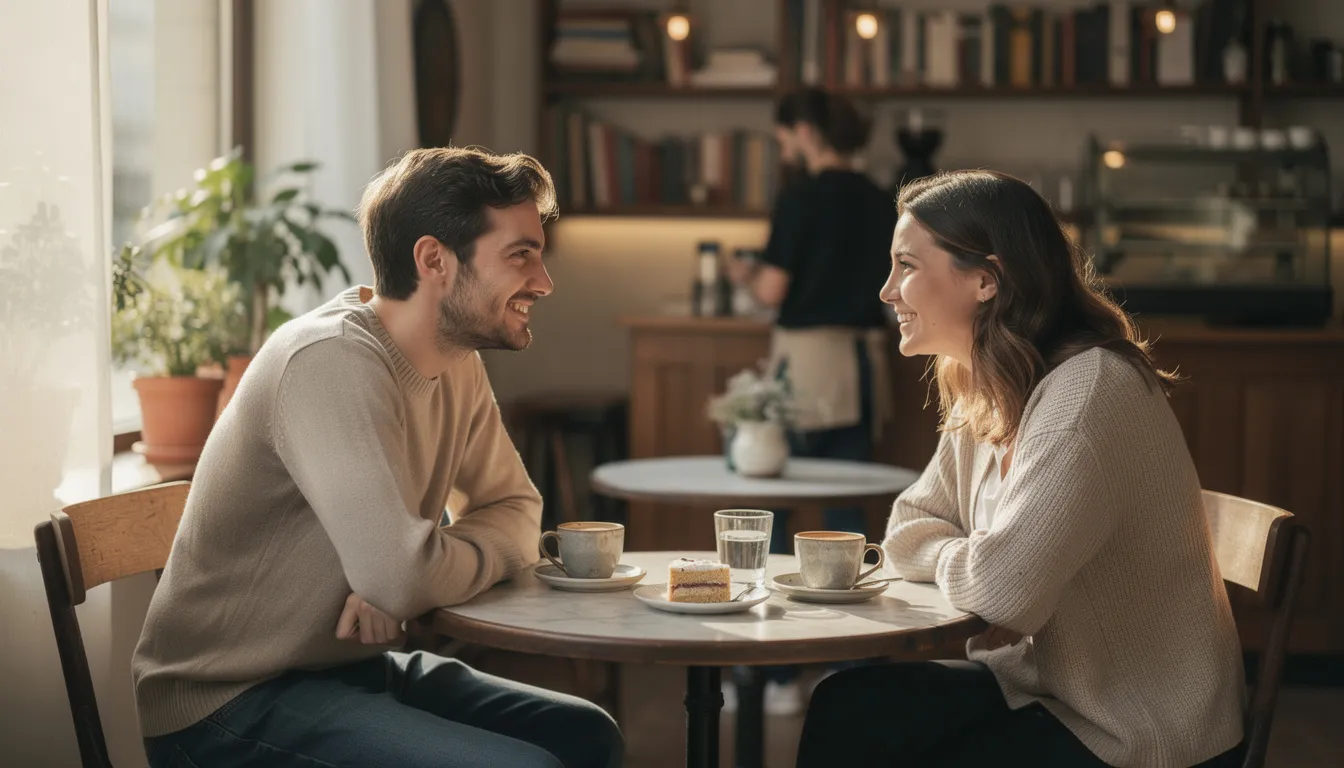 Na obrazku widać dwie osoby siedzące przy stoliku w kawiarni, prowadzące rozmowę. Ich wyraz twarzy sugeruje zaangażowanie w dyskusję, co może dotyczyć zagadnień związanych z gramatyką języka hiszpańskiego lub zaimkami dzierżawczymi.