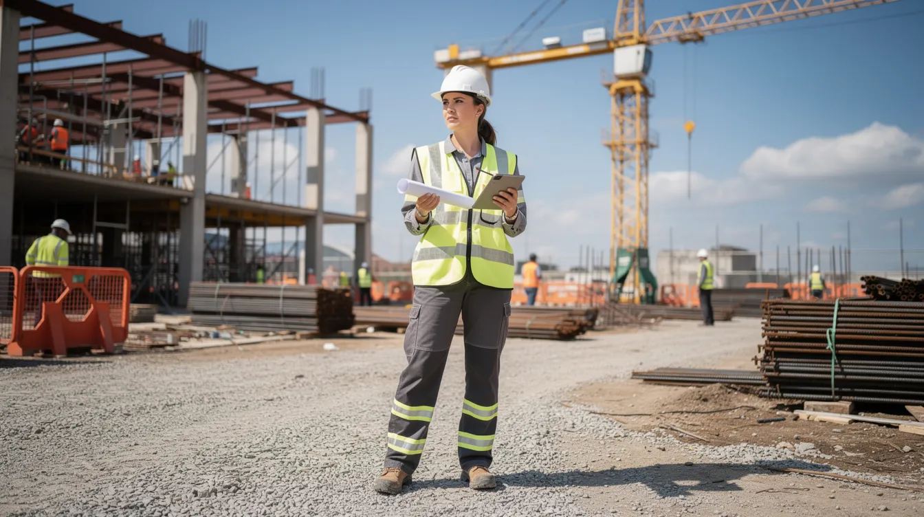 Woman construction worker wearing a hard hat and safety vest on a commercial jobsite.