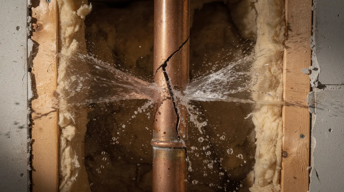 The image shows water forcefully spraying from a cracked copper pipe inside a residential wall cavity, indicating a plumbing emergency that requires immediate attention from an emergency plumbing service to minimize damage. The scene highlights the urgency of addressing major water leaks to prevent further water damage in the home.