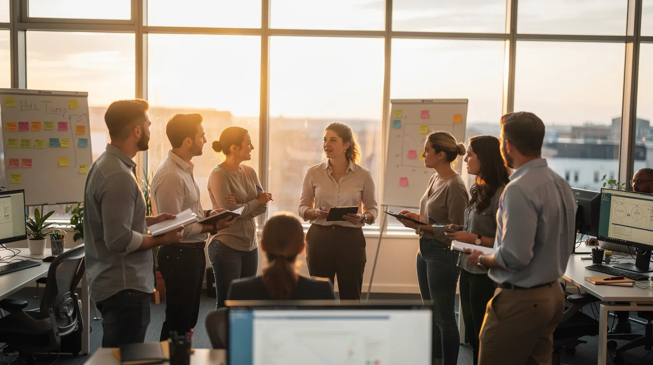Une équipe dynamique se tient debout en cercle dans un bureau lors d'un stand-up meeting matinal, favorisant la cohésion et la communication entre les collaborateurs. Les membres de l'équipe échangent des idées et partagent leurs objectifs, renforçant ainsi le leadership et la motivation au sein du groupe.