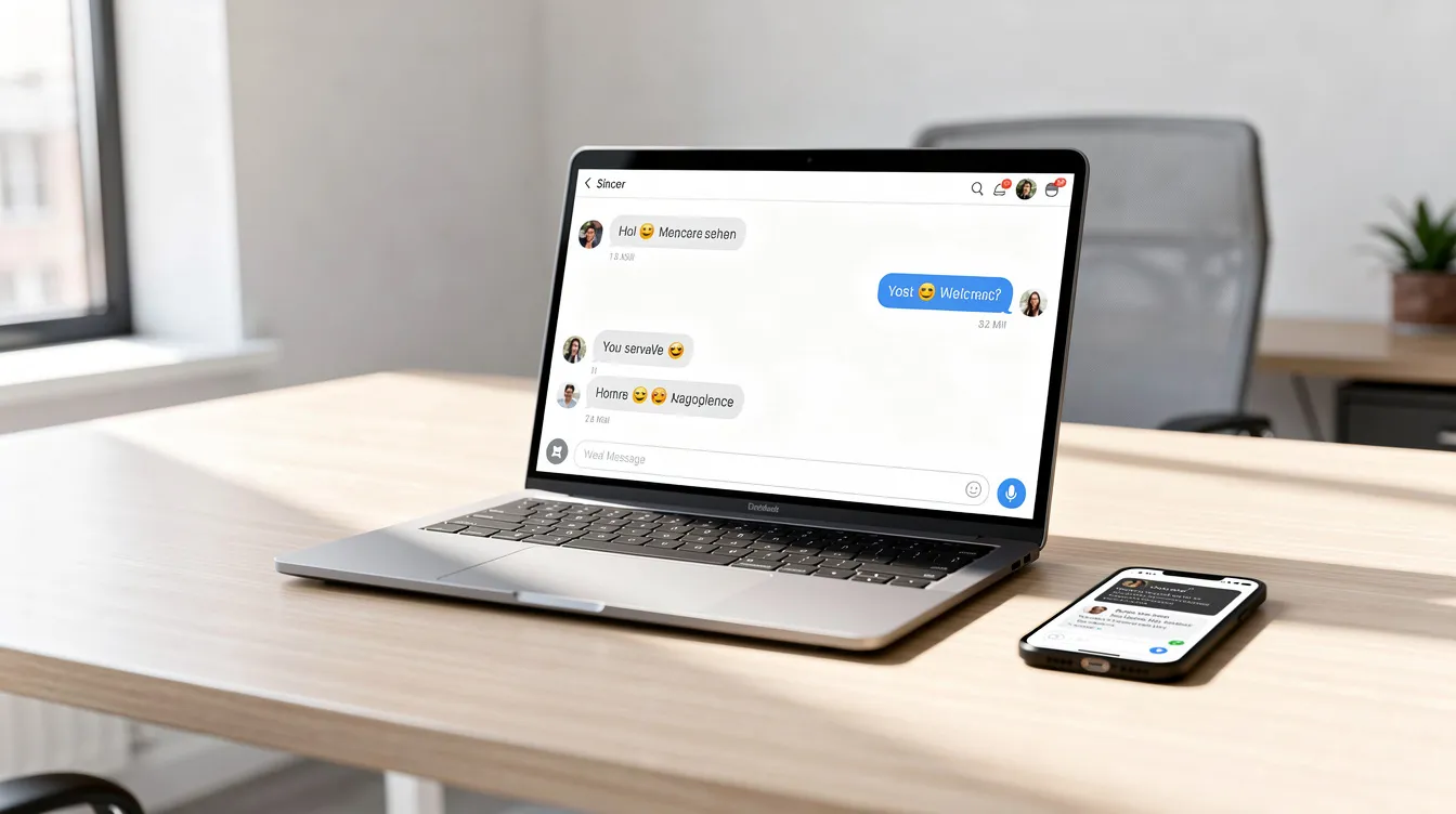 Una oficina moderna con un espacio de trabajo que incluye un laptop mostrando una interfaz de conversación y un smartphone sobre el escritorio, todo iluminado de manera natural. Este entorno es ideal para agentes de ventas que utilizan inteligencia artificial para interactuar con clientes y gestionar datos de leads.